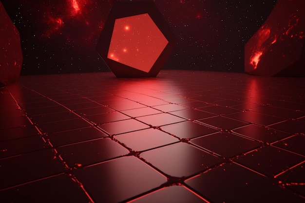 바닥에 빨간색과 검은색 육각형이 있는 어두운 방.