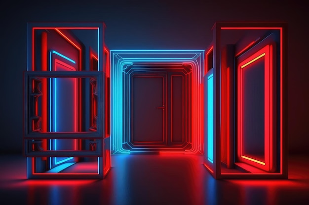 A dark room with red and blue lights and a door that says'the door '