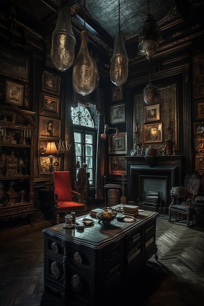 A dark room with a red chair and a table in the middle of it.