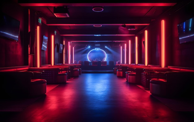 A dark room with red lights and a bar in the background