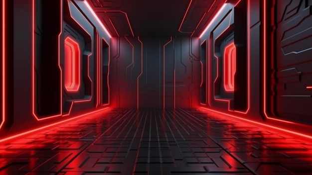 A dark room with red lights and a black floor