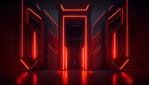 A dark room with red lights and a door that says'the door '