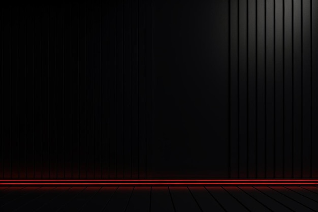 a dark room with a red line on the floor and a red car on the left side.