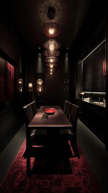 a dark room with a red table and a red tablecloth