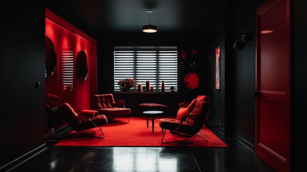 A dark room with red walls and a red couch and a coffee table.