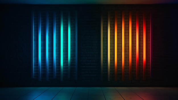 A dark room with a red, yellow and blue light.