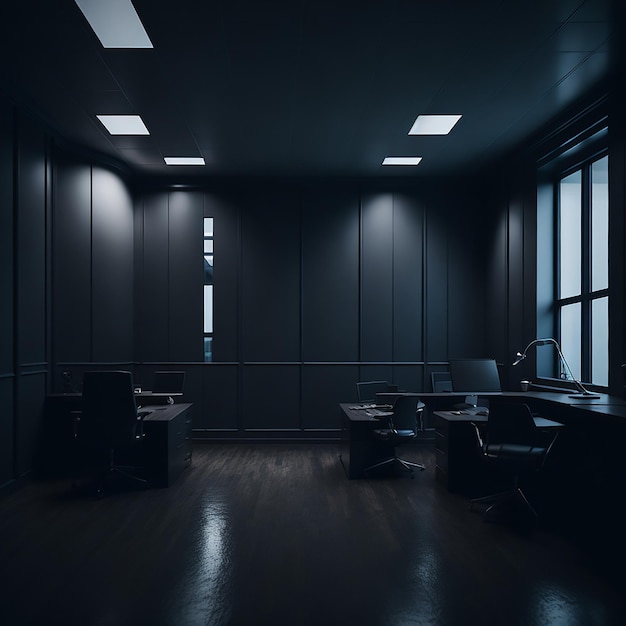 A dark room with a row of desks and windows with lights on.