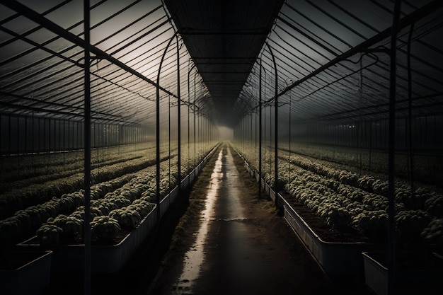 A dark room with a row of plants in it