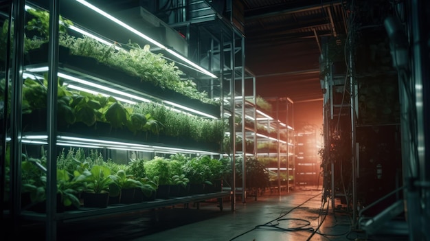 A dark room with a row of plants and a light that says'lettuce '