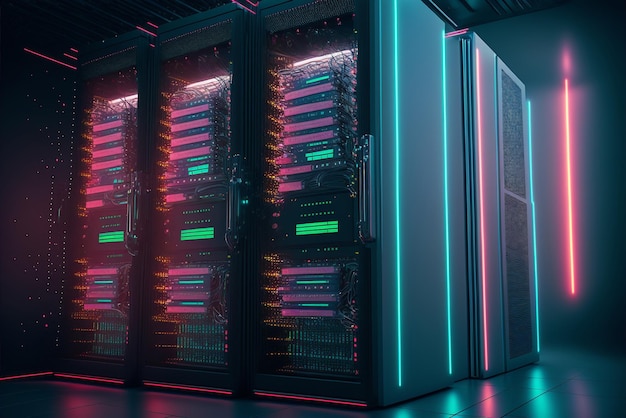 A dark room with a row of server racks with neon lights.