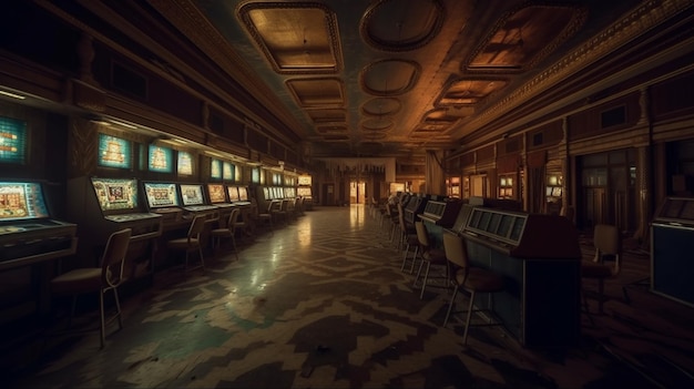 A dark room with a row of slot machines and a row of slot machines.