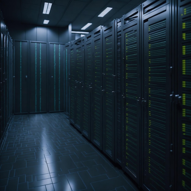 A dark room with rows of server racks and a blue floor with lights on.