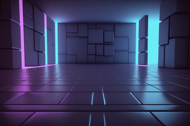 A dark room with a set of lights and a cube.