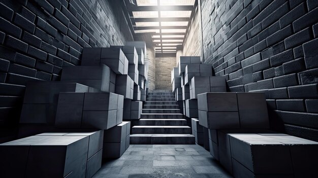 Photo a dark room with a set of stairs and a large number of grey cubes.