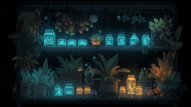 A dark room with a shelf full of candles and a bunch of plants with the words'the secret'on it