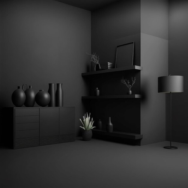 A dark room with a shelf and a vase on the shelf.