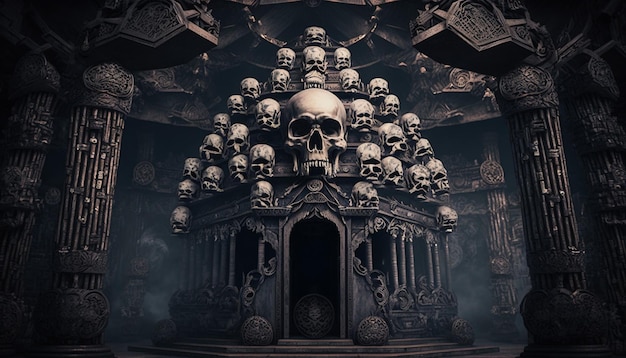 A dark room with skulls on the front and a dark background.