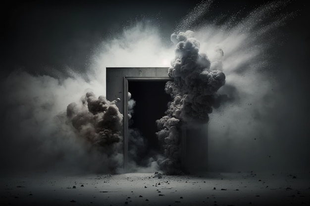 A dark room with smoke coming out of it and a door that says'fire'on it.