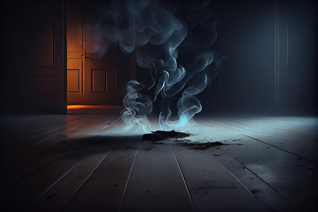 A dark room with a smoke coming out of it