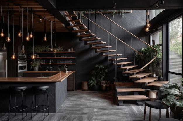 A dark room with a spiral staircase and a bar with a wooden table and chairs.