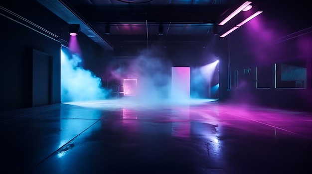 A dark room with a stage and smoke on it and a pink and blue light on the ceiling.