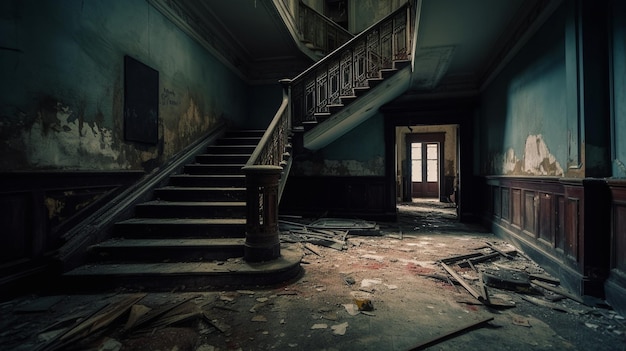 A dark room with a staircase and a window that says'the word " on it.