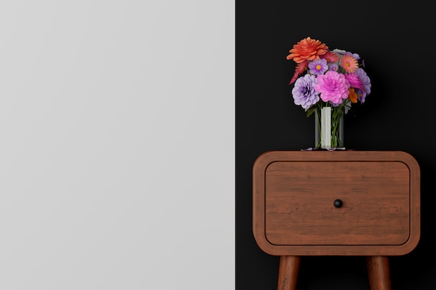 Photo dark room with table adn flower in vase. 3d rendering.