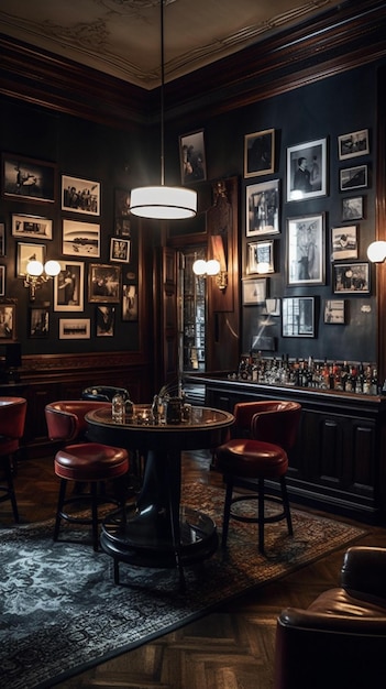 A dark room with a table and chairs and a wall of pictures on it.