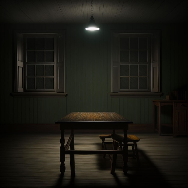 A dark room with a table and a lamp on the wall.