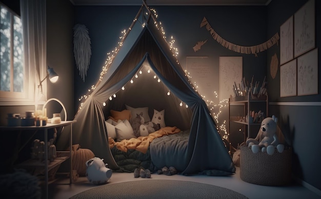 A dark room with a tent that says'the little prince'on it