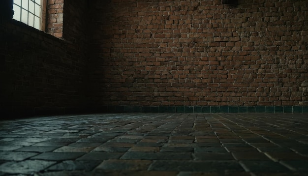 Dark room with tile floor and brick wall background