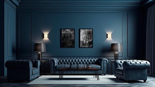 Dark room with trendy navy accents modern interior design