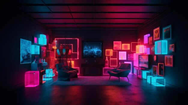 A dark room with a tv on the wall that has a pink and blue neon light on it.