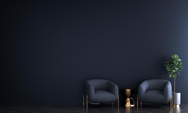 A dark room with two blue chairs and a gold side table.