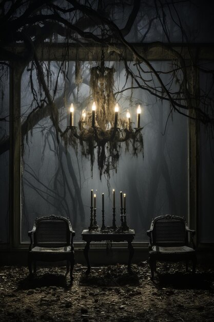 Photo a dark room with two chairs and a chandelier