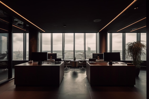 A dark room with a view of the city skyline.