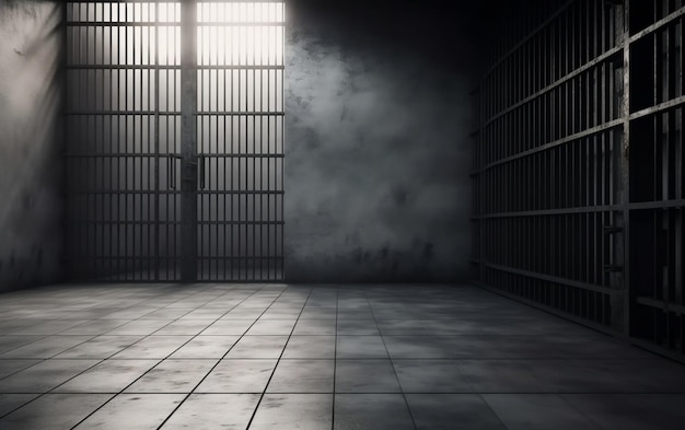 A dark room with a wall of prison bars and a door that says'prison '