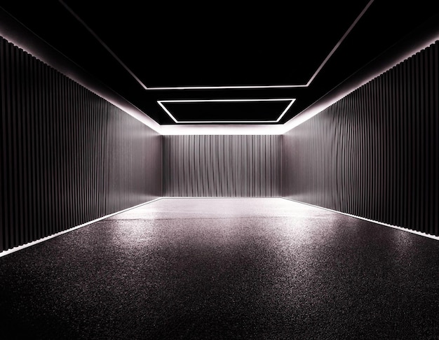 A dark room with a white ceiling with lights on it