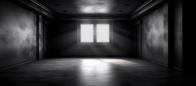 A dark room with a window that has the sun shining through it.