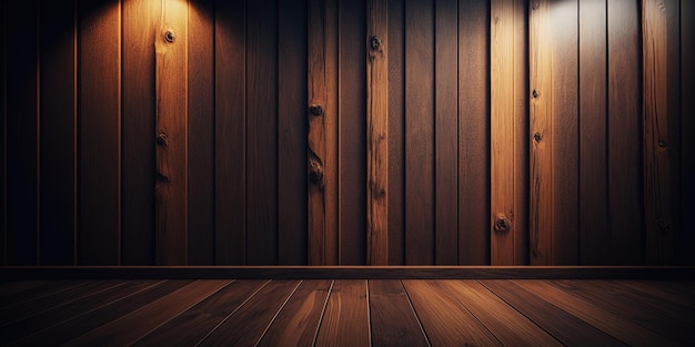 A dark room with wood paneling and a lamp generative AI