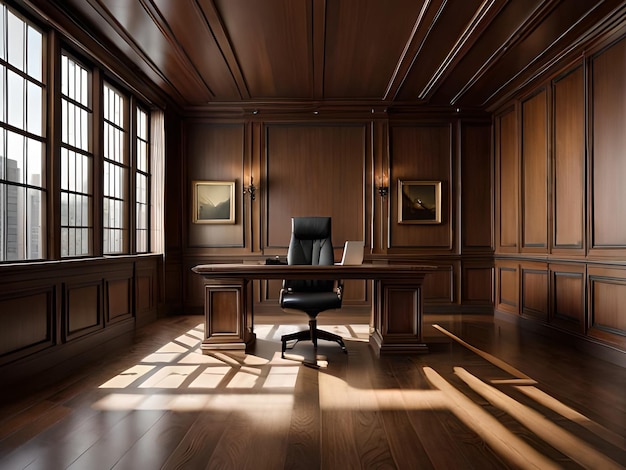 A dark room with a wooden desk and a large window with the sun shining on it.