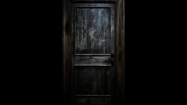 Foto una stanza buia con una porta di legno con su scritto 