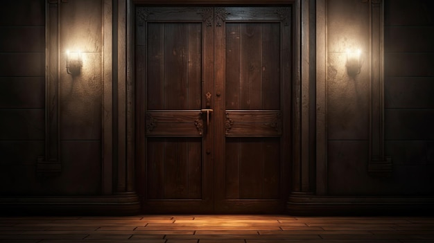 A dark room with wooden doors and a light shining on it.