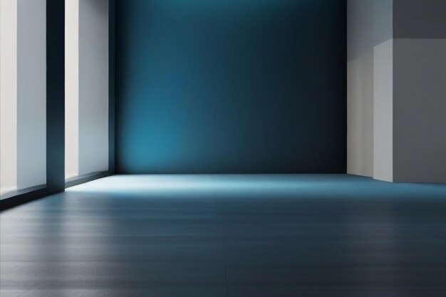 A dark room with a wooden floor and a blue wall