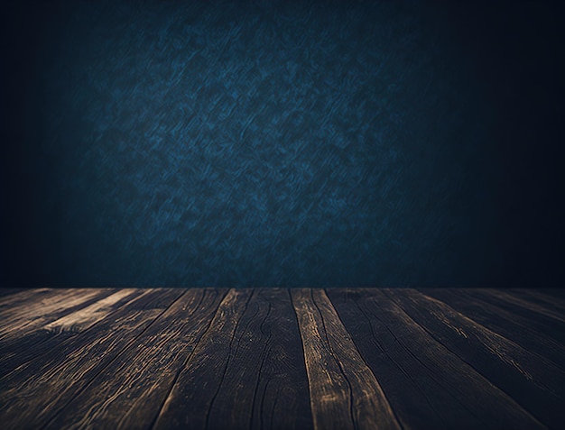 A dark room with a wooden floor and a dark blue wall.