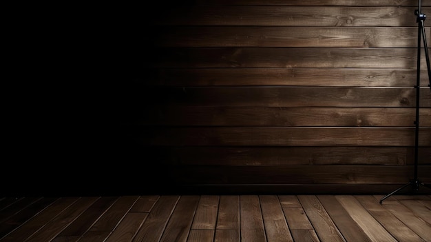 A dark room with a wooden floor and a dark wall with a light on it.