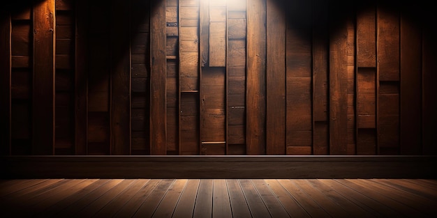 A dark room with a wooden floor and a light on the wall generative AI