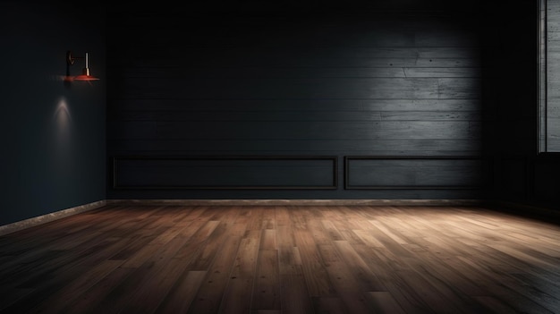 A dark room with a wooden floor and a light on the wall