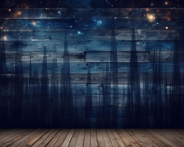 Photo a dark room with a wooden floor and a starry sky