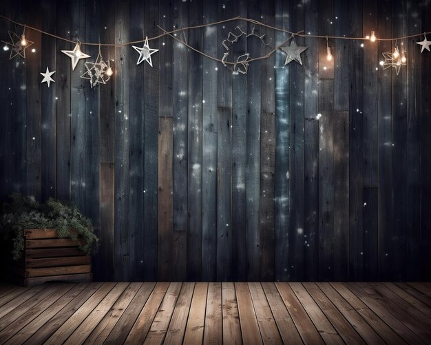 A dark room with a wooden floor and stars hanging from the ceiling.